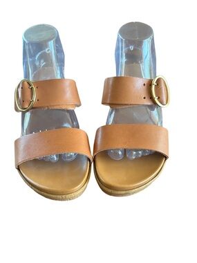 Mariella Women’s Tan Double-Strap Slide Sandals with Gold Buckle Accent